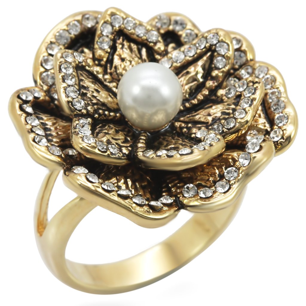 JCE063 Gold Brass Ring with Synthetic Pearl in Citrine Yellow