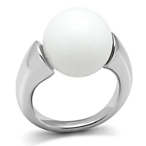 JCE106 Rhodium Brass Ring with Synthetic Glass Bead in White
