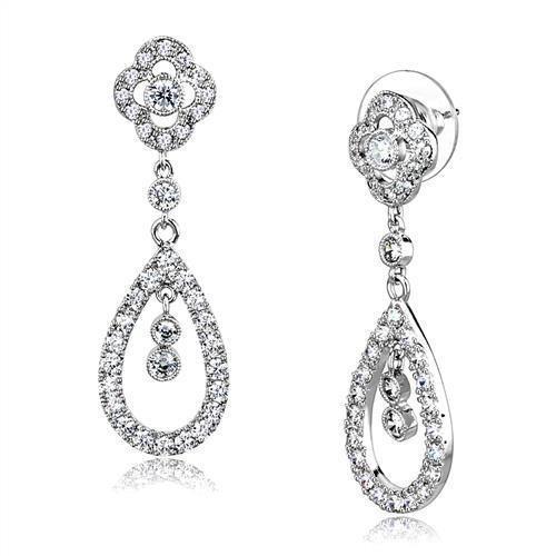 JCE1351 Rhodium Brass Earrings with AAA Grade CZ  in Clear