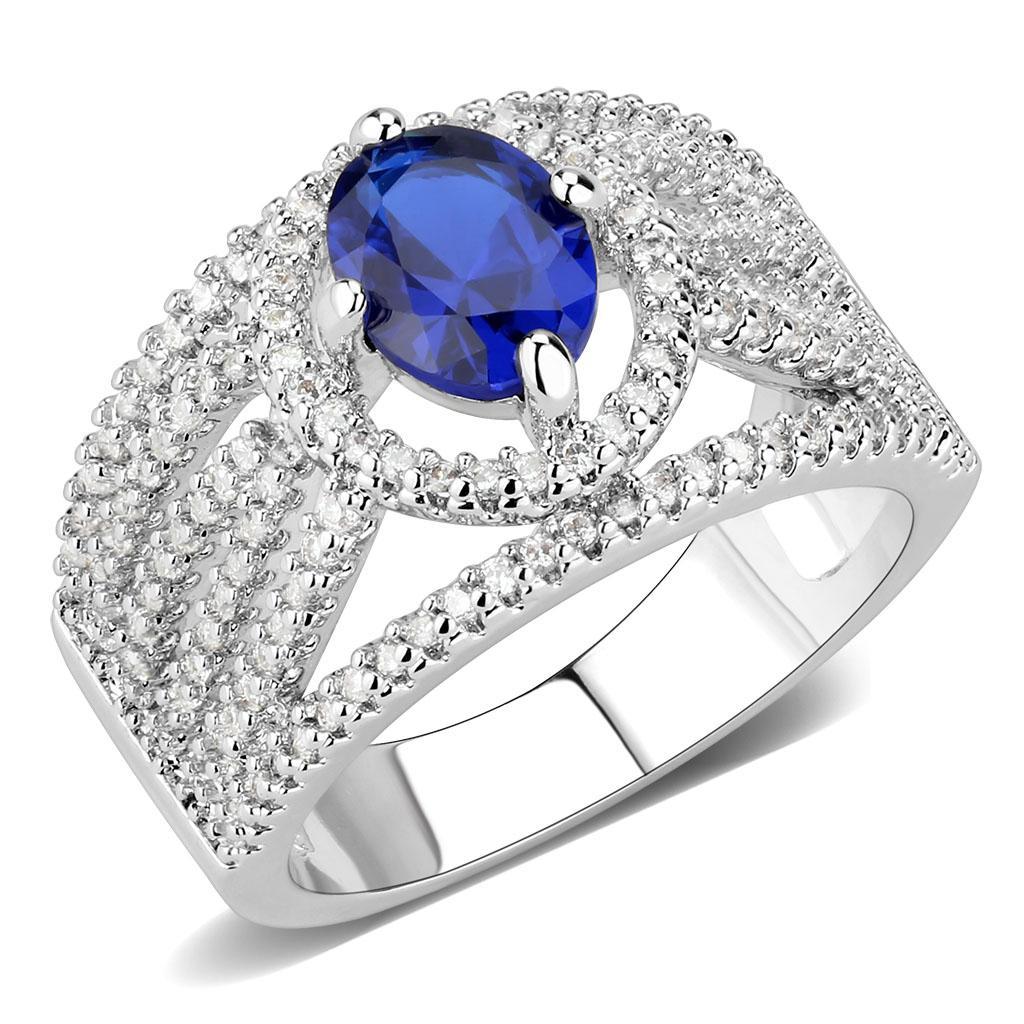 JCE1567 Rhodium Brass Ring with Synthetic Spinel in London Blue