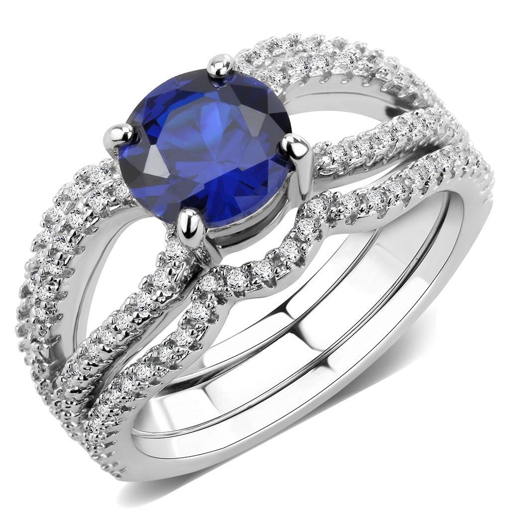 JCE1597 Rhodium Brass Ring with AAA Grade CZ  in London Blue