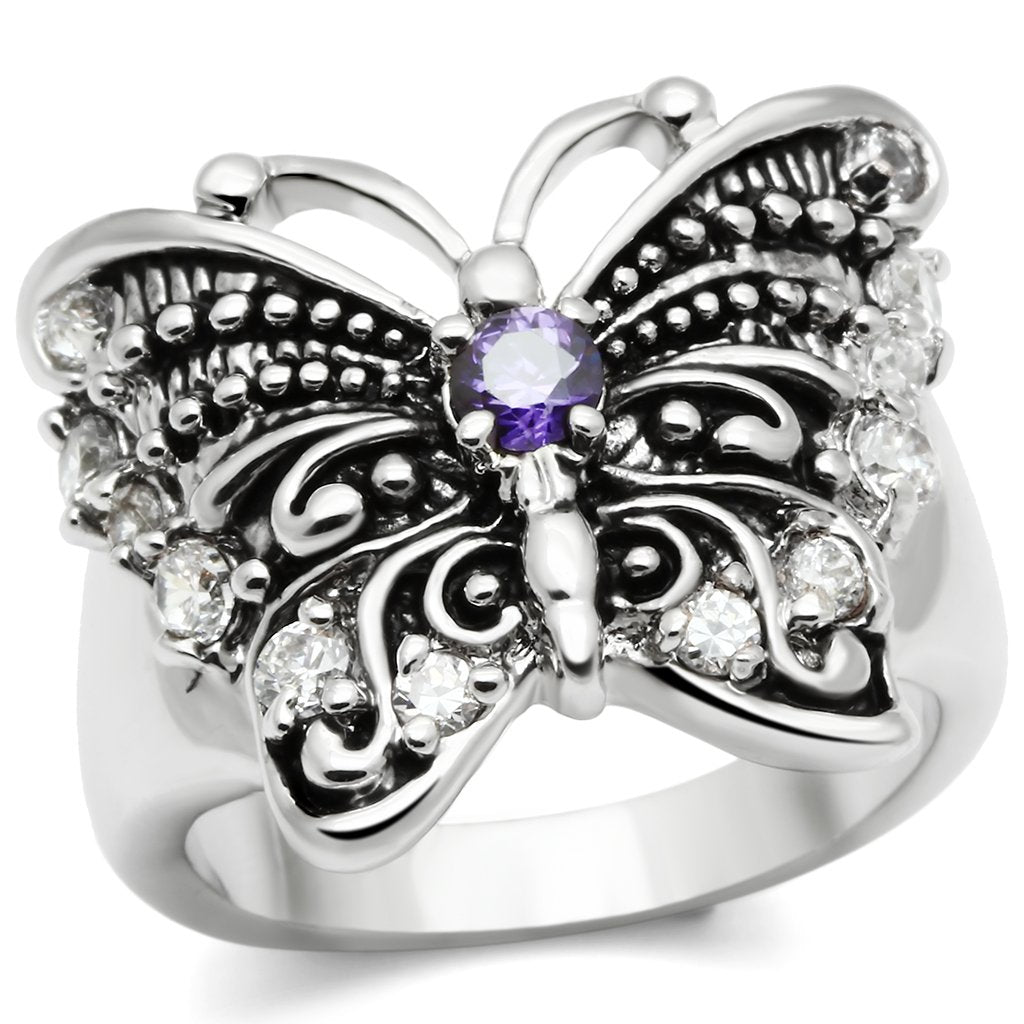 JCE204 Rhodium Brass Ring with AAA Grade CZ  in Amethyst