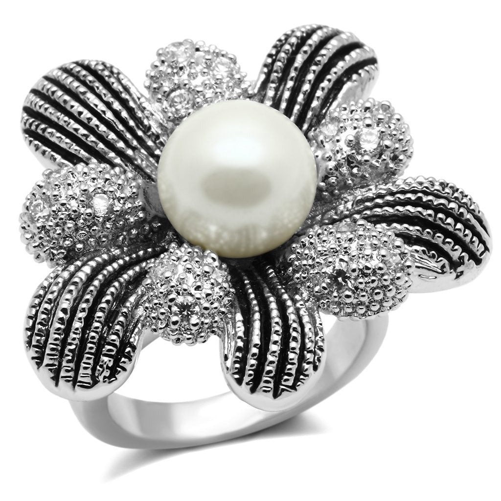 JCE294 Rhodium Brass Ring with Synthetic Pearl in White