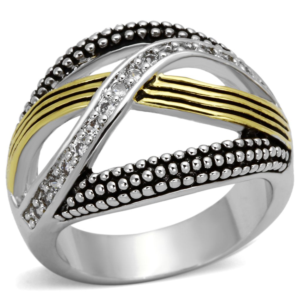 JCE305 Reverse Two-Tone Brass Ring with AAA Grade CZ  in Clear