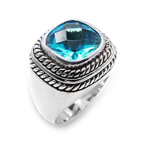 JCE209 Rhodium 925 Sterling Silver Ring with Synthetic Spinel in Sea Blue