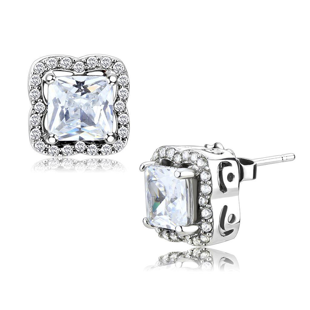 JCE081 High polished (no plating) Stainless Steel Earrings with AAA Grade CZ  in Clear