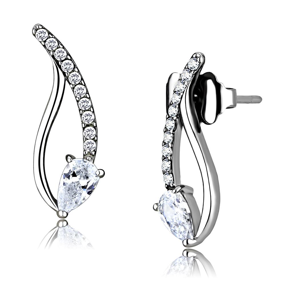 JCE185 High polished (no plating) Stainless Steel Earrings with AAA Grade CZ  in Clear