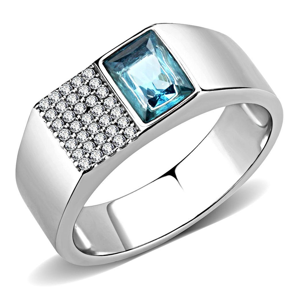 JCE287 High polished (no plating) Stainless Steel Ring with Synthetic  in Sea Blue