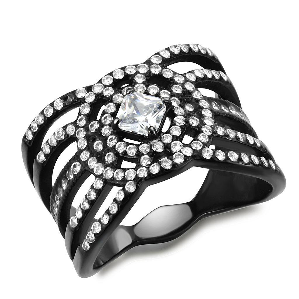 JCE363 IP Black(Ion Plating) Stainless Steel Ring with AAA Grade CZ  in Clear