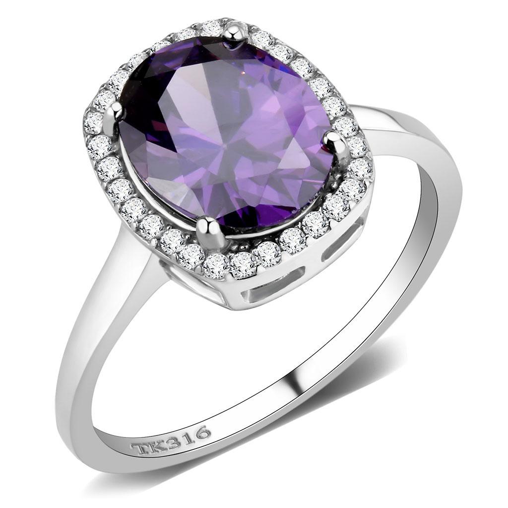JCE385 High polished (no plating) Stainless Steel Ring with AAA Grade CZ  in Amethyst