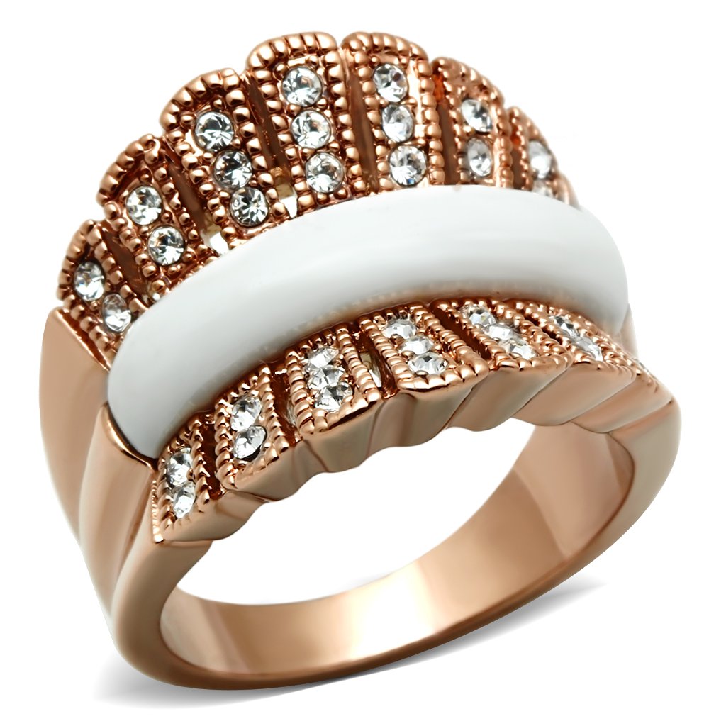JCE223 IP Rose Gold(Ion Plating) Brass Ring with Semi-Precious Agate in White