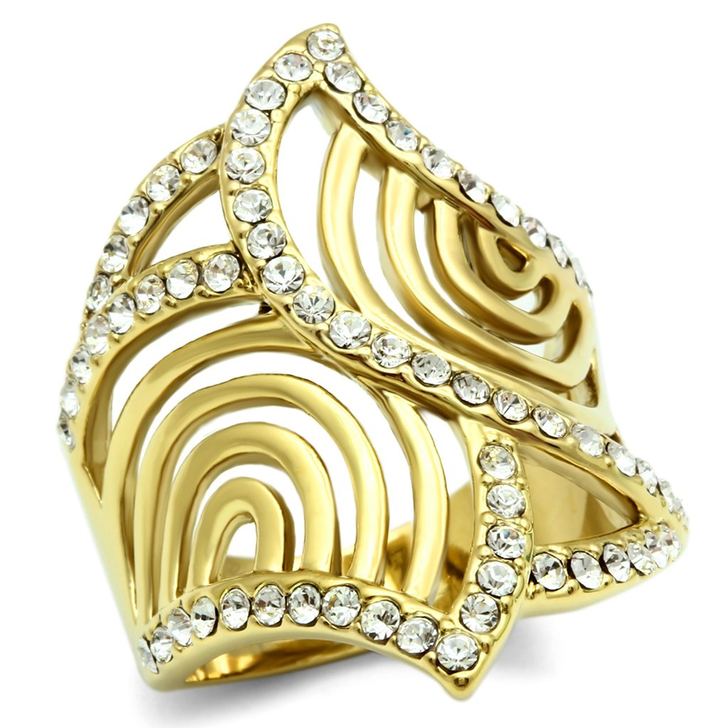 JCE296 IP Gold(Ion Plating) Brass Ring with Top Grade Crystal  in Clear