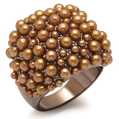 JCE1663 Chocolate Gold Brass Ring with Synthetic Pearl in Brown