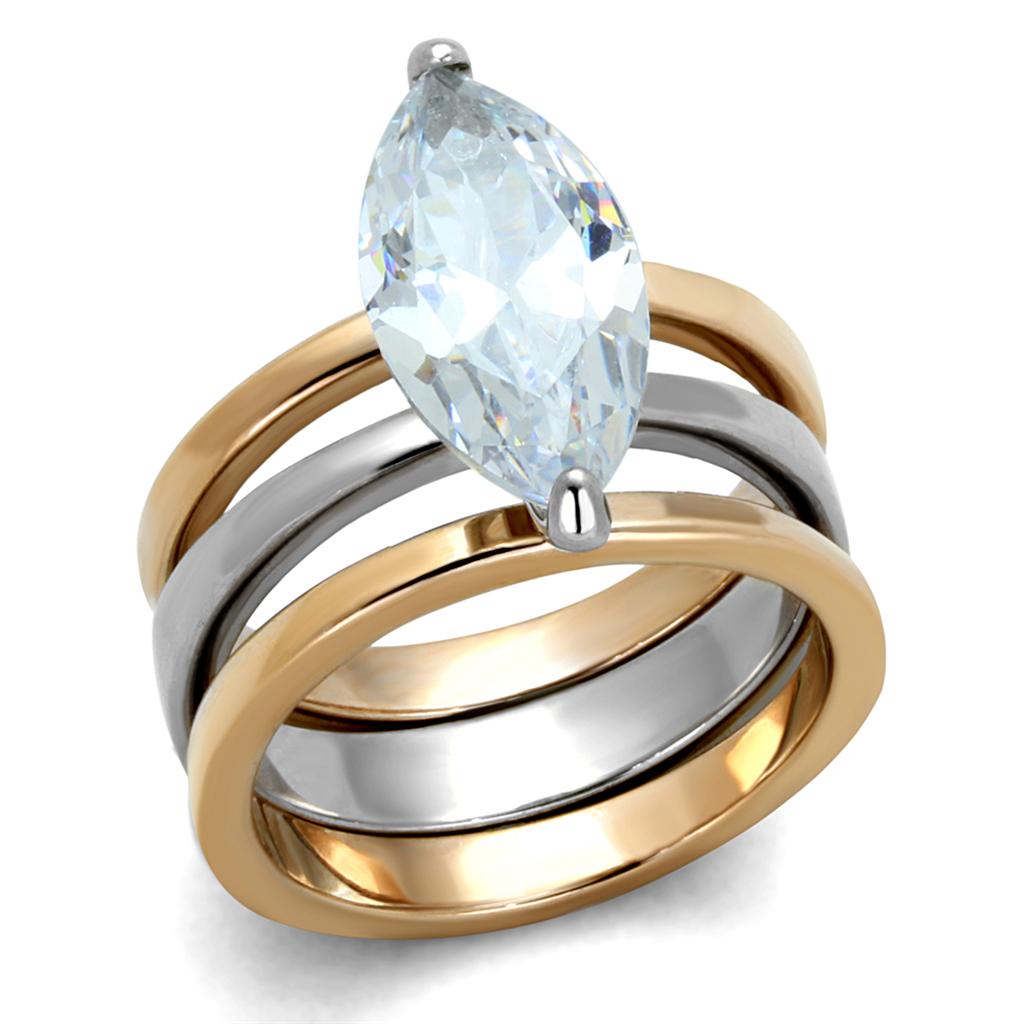 JCE3554 Two-Tone IP Rose Gold Stainless Steel Ring with AAA Grade CZ  in Clear