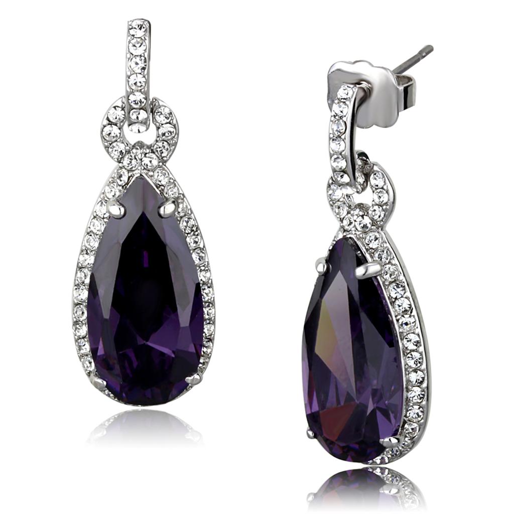 JCE3756 Rhodium Brass Earrings with AAA Grade CZ  in Amethyst