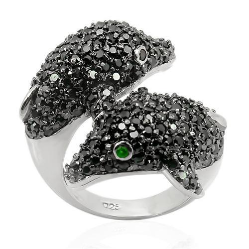 JCES195 Rhodium + Ruthenium 925 Sterling Silver Ring with Synthetic Synthetic Glass in Emerald