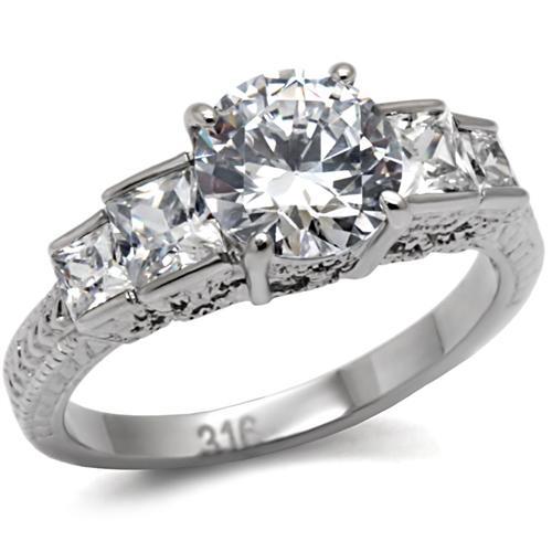 JCE057 High polished (no plating) Stainless Steel Ring with AAA Grade CZ  in Clear