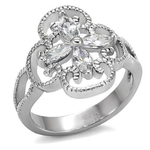 JCE078 High polished (no plating) Stainless Steel Ring with AAA Grade CZ  in Clear