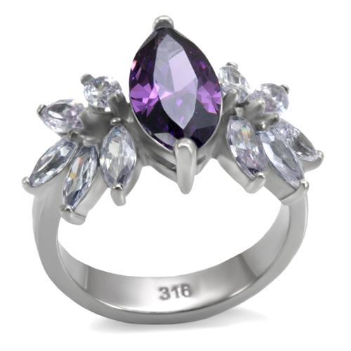 JCE085 High polished (no plating) Stainless Steel Ring with AAA Grade CZ  in Amethyst