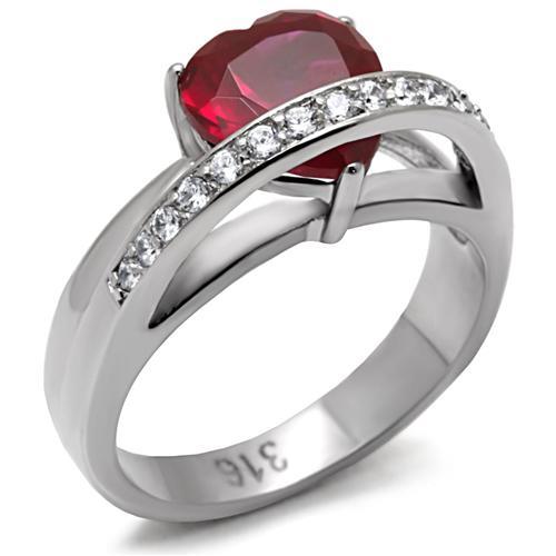 JCE089 High polished (no plating) Stainless Steel Ring with AAA Grade CZ  in Ruby