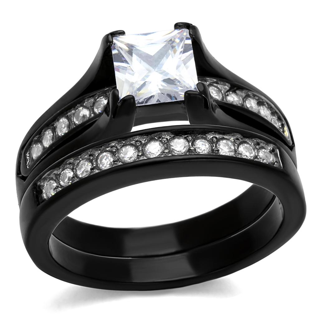 JCE0W383J Two-Tone IP Black Stainless Steel Ring with AAA Grade CZ  in Clear