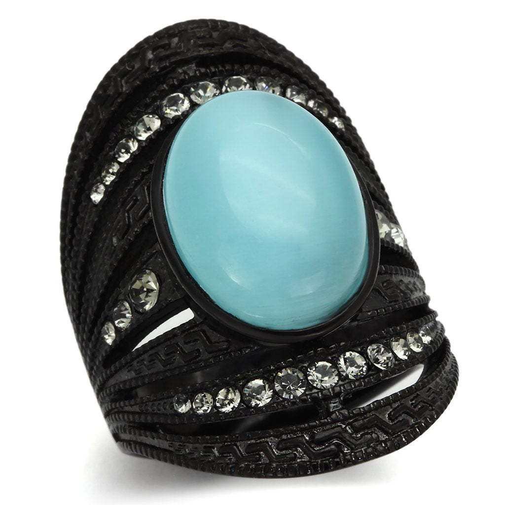 JCE1006 IP Black(Ion Plating) Stainless Steel Ring with Synthetic Cat Eye in Sea Blue