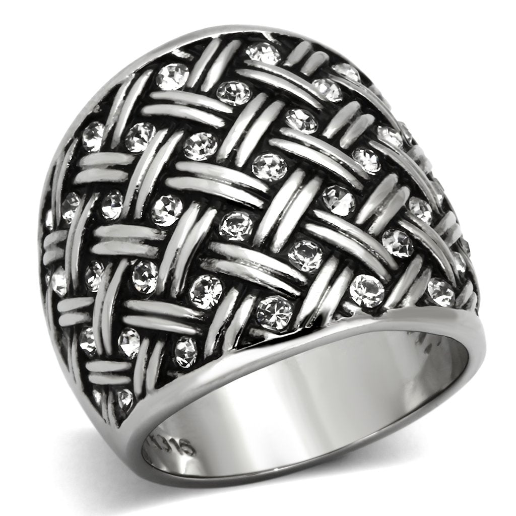 JCE1007 High polished (no plating) Stainless Steel Ring with Top Grade Crystal  in Clear