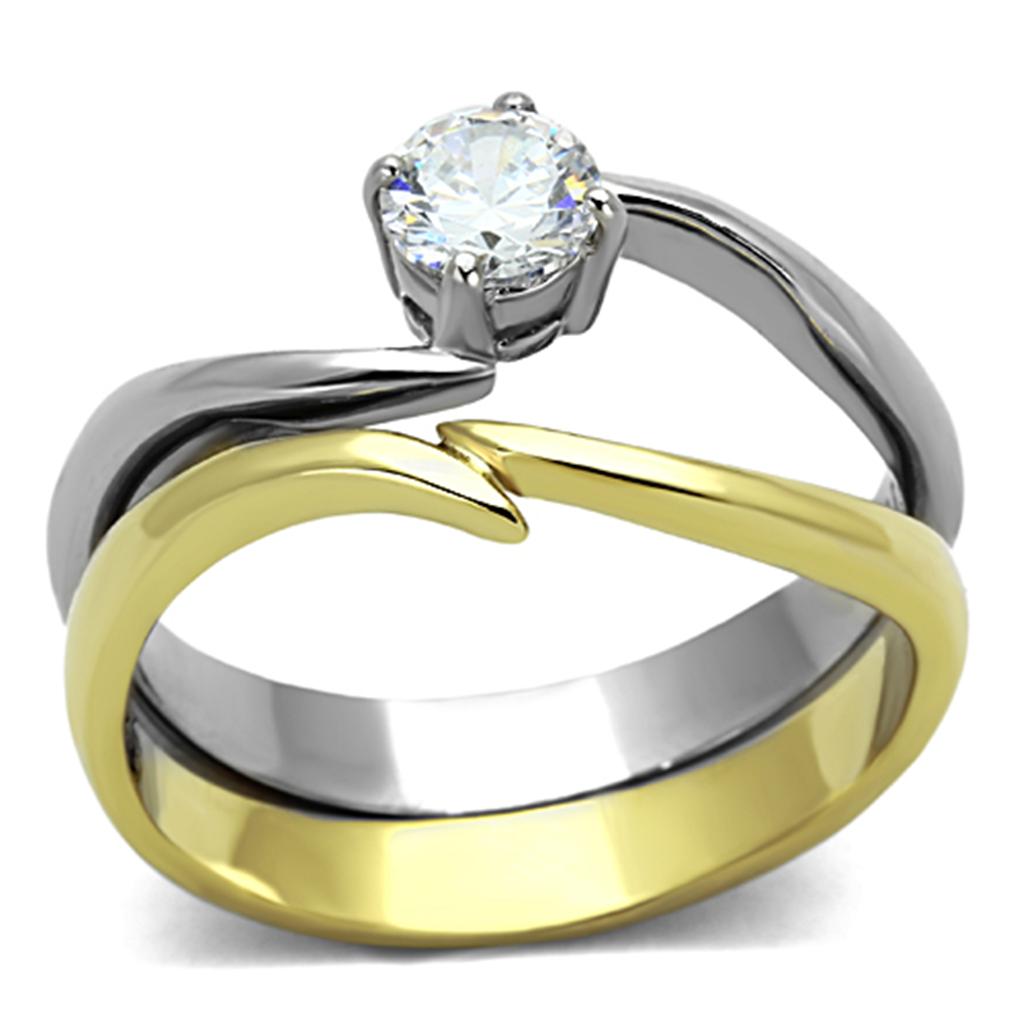 JCE1092 Two-Tone IP Gold (Ion Plating) Stainless Steel Ring with AAA Grade CZ  in Clear