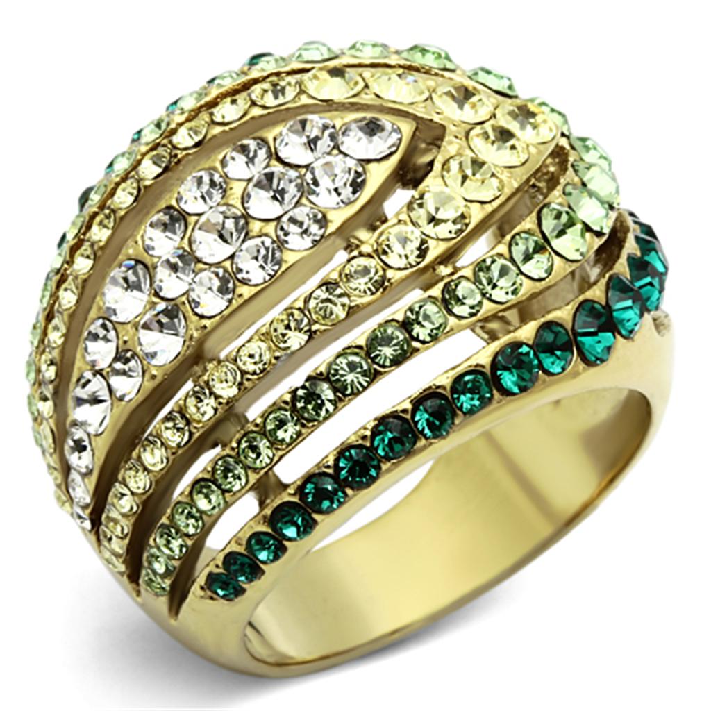 JCE1145 IP Gold(Ion Plating) Stainless Steel Ring with Top Grade Crystal  in Multi Color