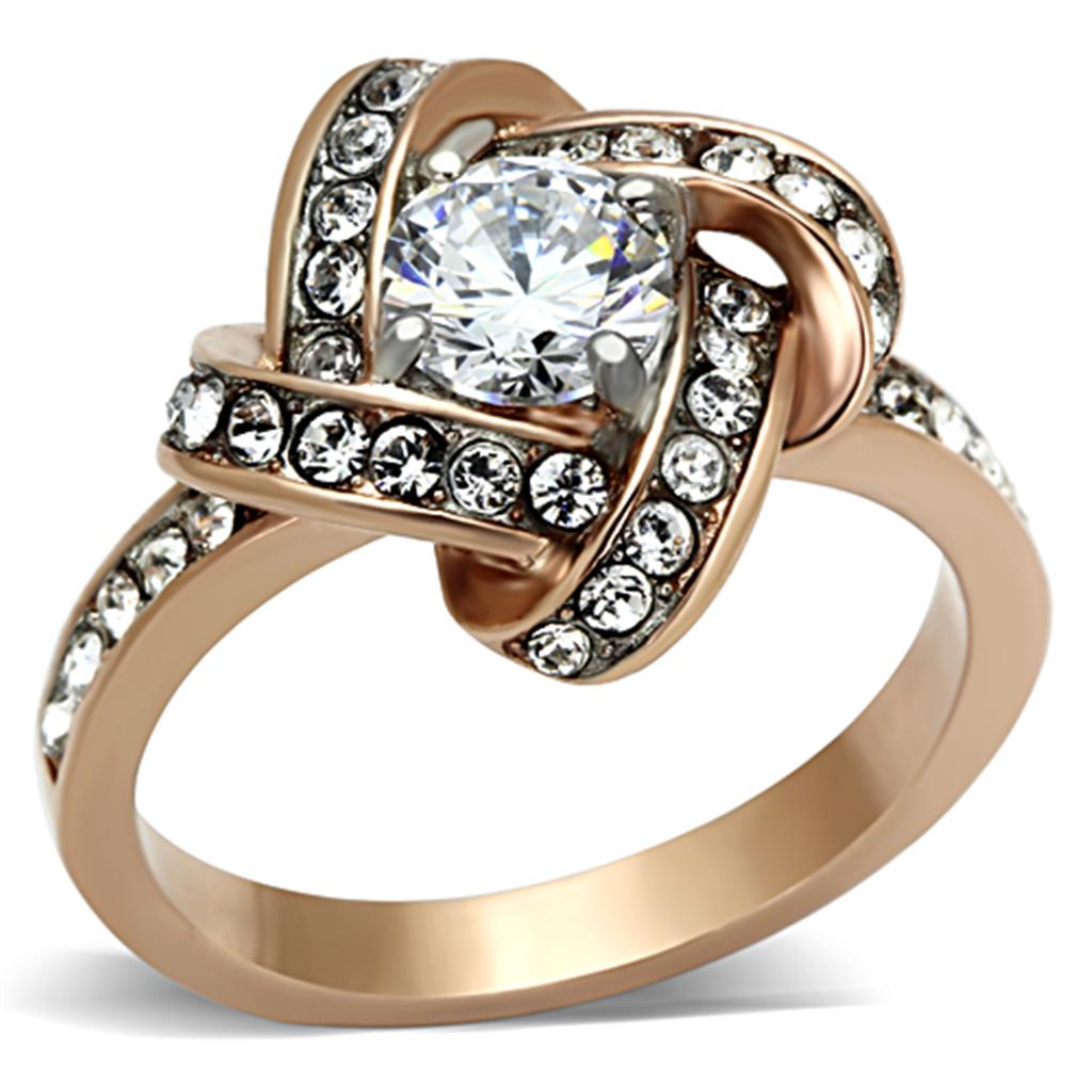 JCE1166 Two-Tone IP Rose Gold Stainless Steel Ring with AAA Grade CZ  in Clear