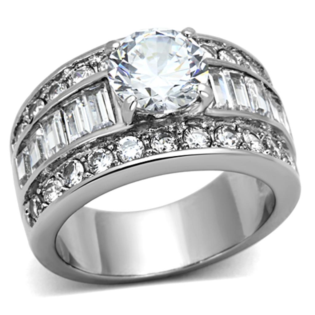 JCE1232 High polished (no plating) Stainless Steel Ring with AAA Grade CZ  in Clear