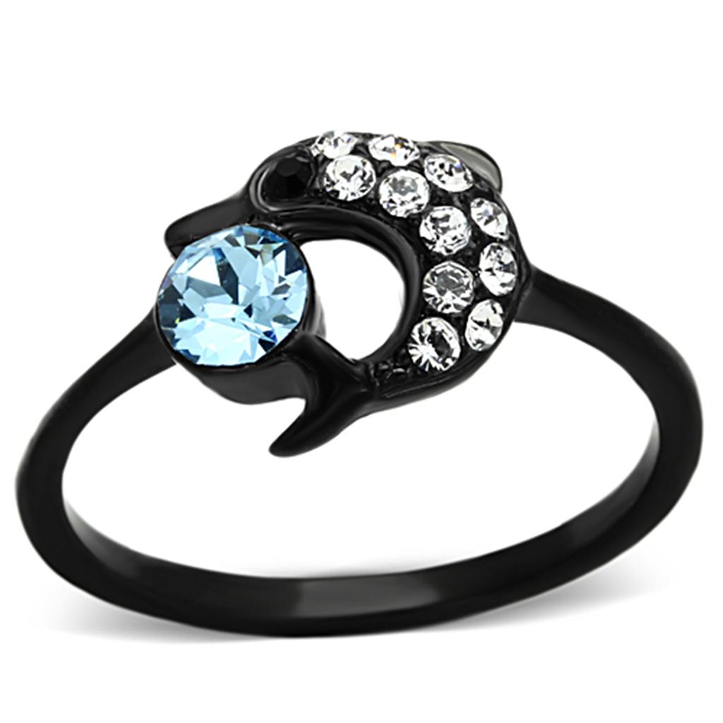 JCE1302 IP Black(Ion Plating) Stainless Steel Ring with Top Grade Crystal  in Sea Blue