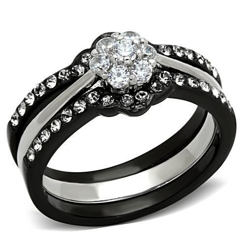 JCE1345 Two-Tone IP Black Stainless Steel Ring with AAA Grade CZ  in Clear
