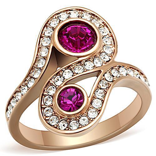 JCE1413 IP Rose Gold(Ion Plating) Stainless Steel Ring with Top Grade Crystal  in Fuchsia