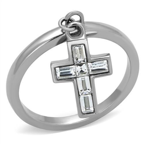 JCE1438 High polished (no plating) Stainless Steel Ring with AAA Grade CZ  in Clear
