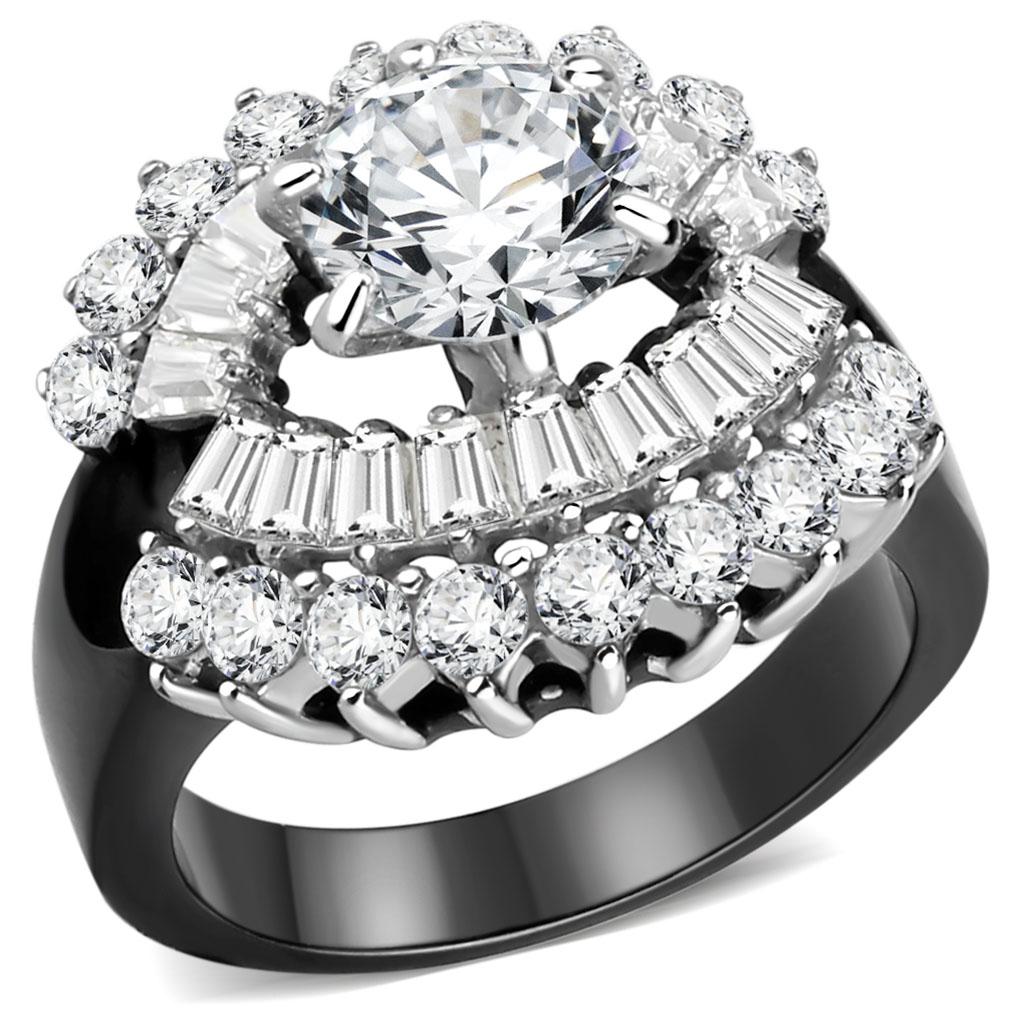JCE1523 Two-Tone IP Black Stainless Steel Ring with AAA Grade CZ  in Clear