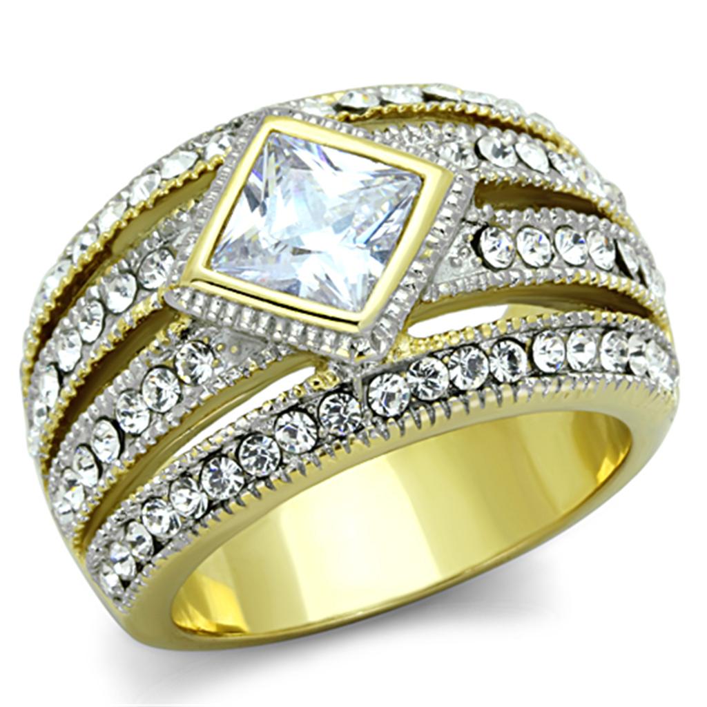 JCE1551 Two-Tone IP Gold (Ion Plating) Stainless Steel Ring with AAA Grade CZ  in Clear