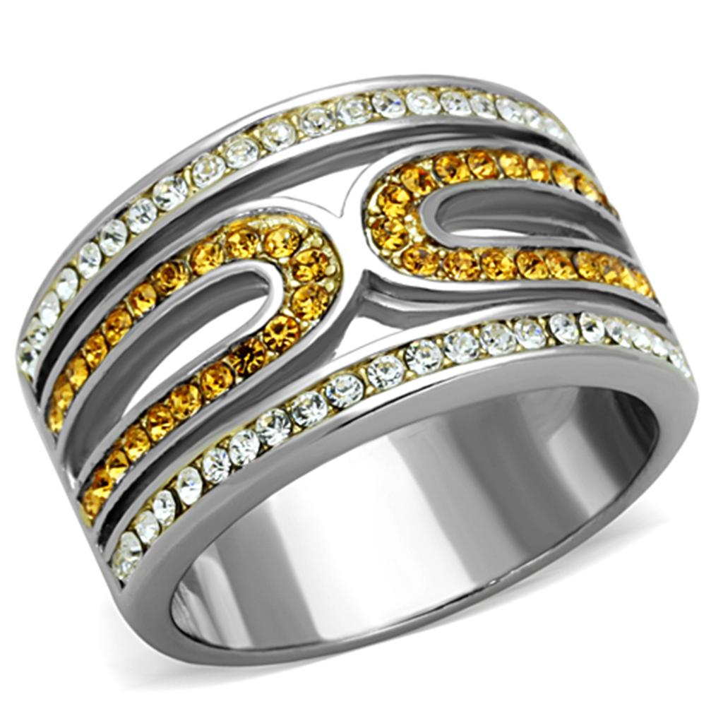 JCE1555 Two-Tone IP Gold (Ion Plating) Stainless Steel Ring with Top Grade Crystal  in Topaz