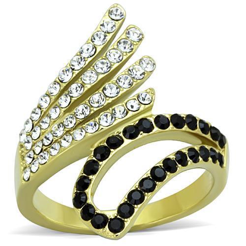 JCE1710 IP Gold(Ion Plating) Stainless Steel Ring with Top Grade Crystal  in Jet