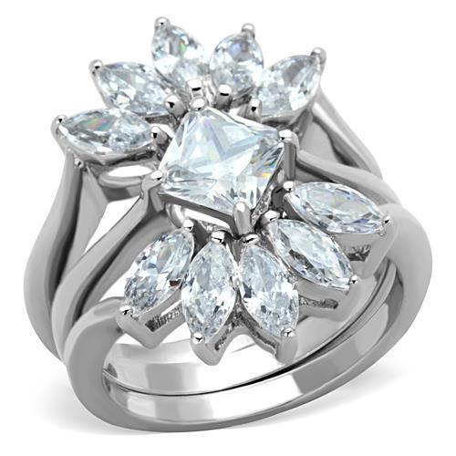 JCE1756 High polished (no plating) Stainless Steel Ring with AAA Grade CZ  in Clear