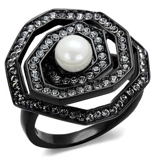 JCE1861 IP Black(Ion Plating) Stainless Steel Ring with Synthetic Pearl in White