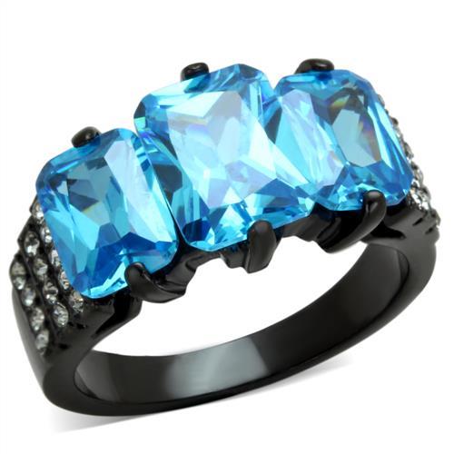 JCE1866 IP Black(Ion Plating) Stainless Steel Ring with AAA Grade CZ  in Sea Blue