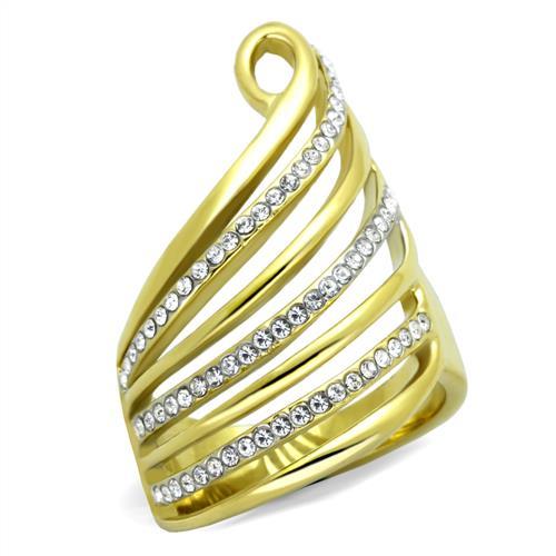 JCE1909 Two-Tone IP Gold (Ion Plating) Stainless Steel Ring with Top Grade Crystal  in Clear