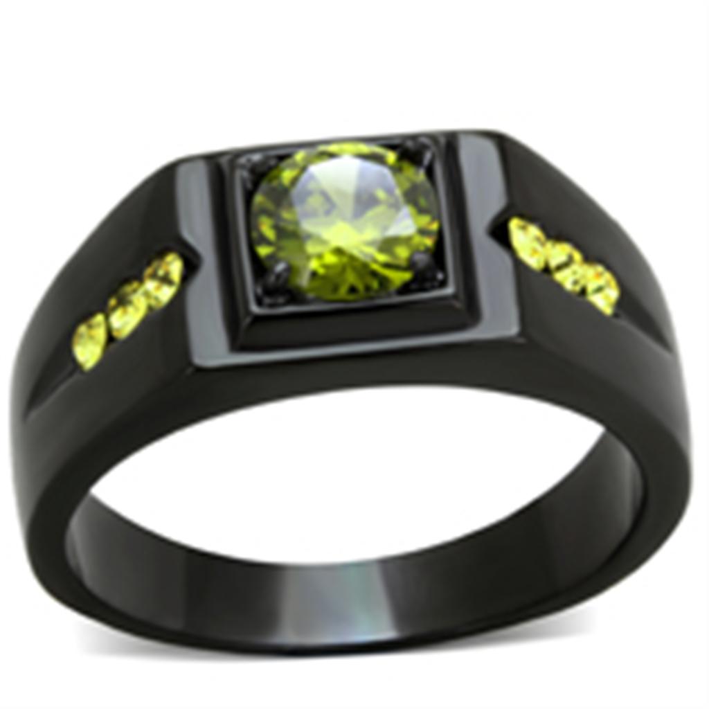 JCE1928 IP Black(Ion Plating) Stainless Steel Ring with AAA Grade CZ  in Olivine color
