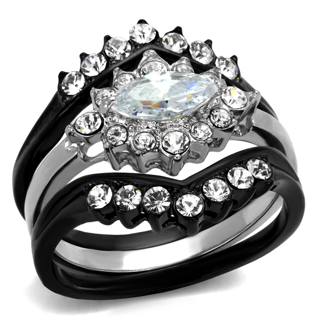 JCE2188 Two-Tone IP Black Stainless Steel Ring with AAA Grade CZ  in Clear