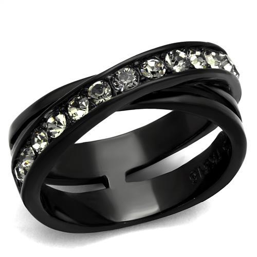 JCE2281 IP Black(Ion Plating) Stainless Steel Ring with Top Grade Crystal  in Black Diamond
