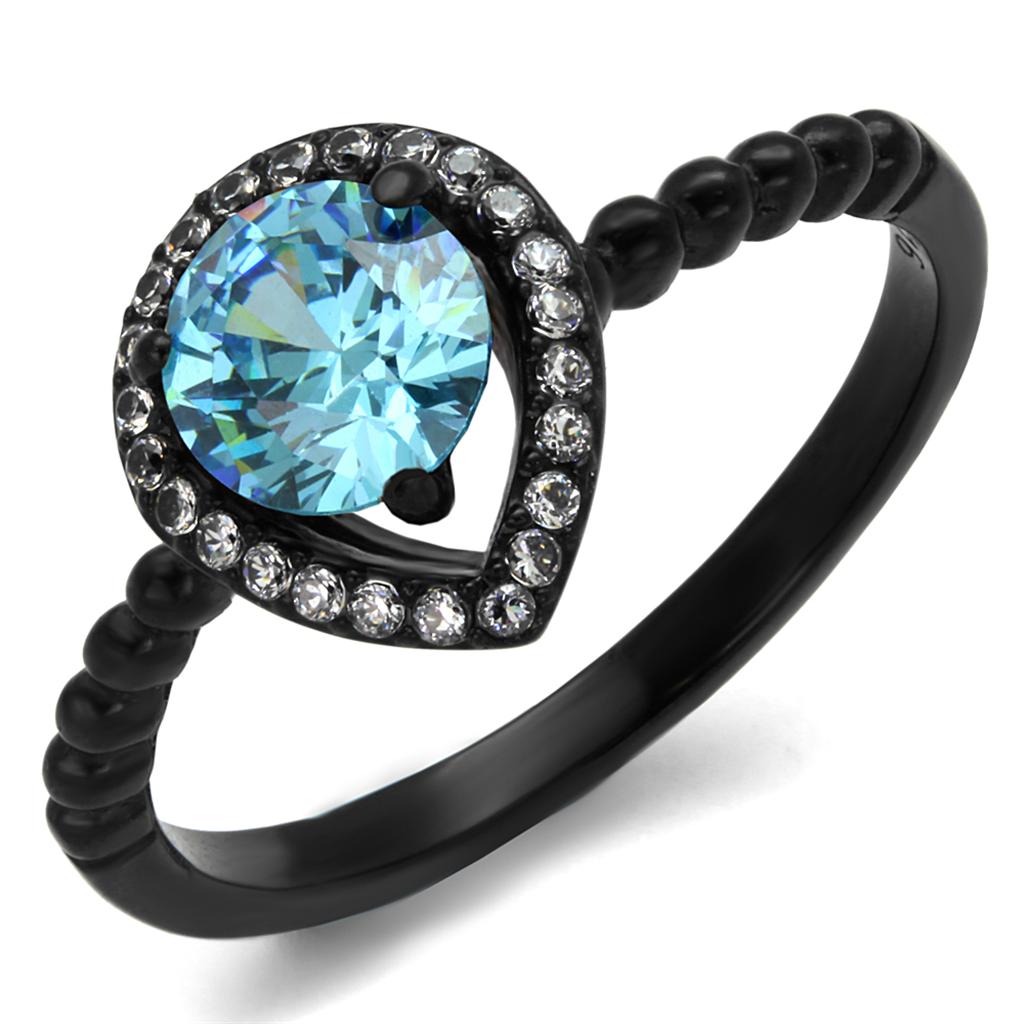 JCE2364 IP Black(Ion Plating) Stainless Steel Ring with AAA Grade CZ  in Sea Blue