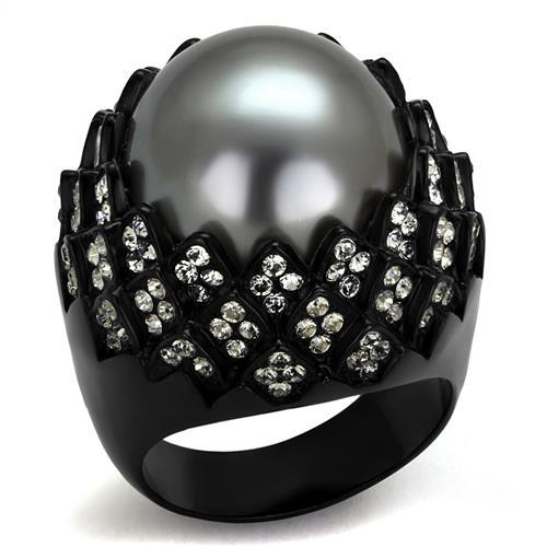JCE2483 IP Black(Ion Plating) Stainless Steel Ring with Synthetic Pearl in Gray