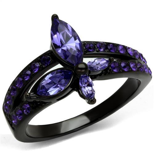 JCE2490 IP Black(Ion Plating) Stainless Steel Ring with Top Grade Crystal  in Tanzanite