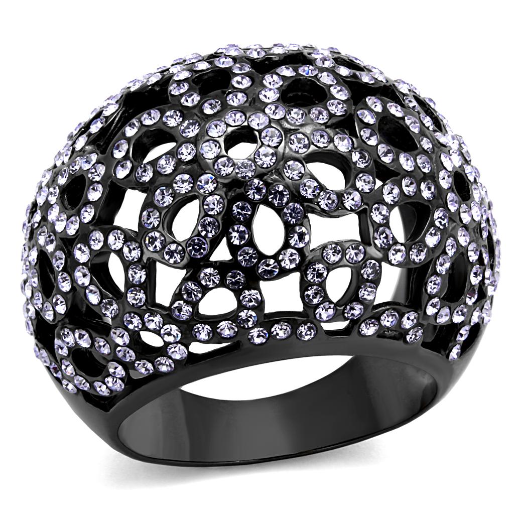 JCE2642 IP Light Black  (IP Gun) Stainless Steel Ring with Top Grade Crystal  in Tanzanite